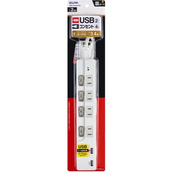 電源タップ 2m 延長コード タップ USB 耐雷 スイング スイッチ付 オート急速充電 ELPA