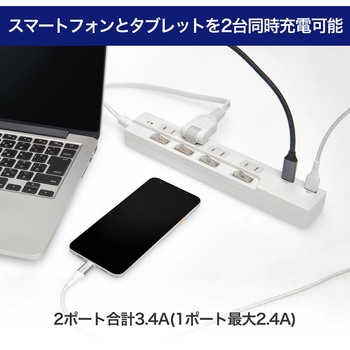 電源タップ 2m 延長コード タップ USB 耐雷 スイング スイッチ付 オート急速充電 ELPA