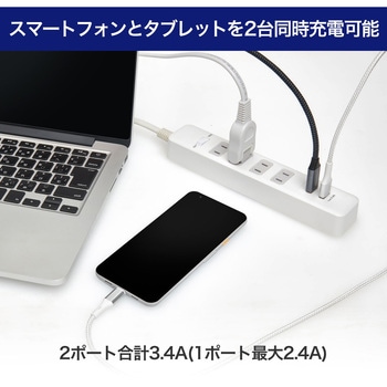 電源タップ 2m 延長コード タップ USB 耐雷 L型 集中スイッチ付 オート急速充電 ELPA