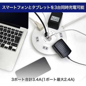 電源タップ 2m 延長コード タップ USB 耐雷 L型 丸型 オート急速充電 ELPA