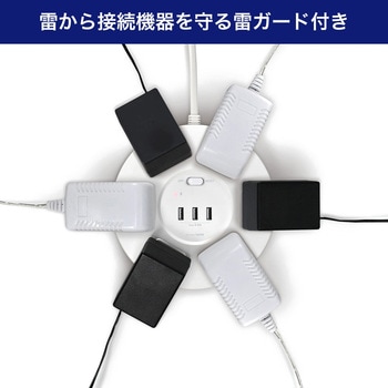電源タップ 2m 延長コード タップ USB 耐雷 L型 丸型 オート急速充電 ELPA