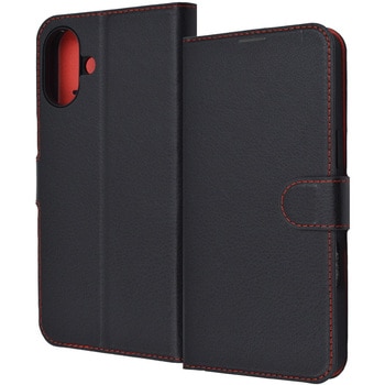 iPhone 16 Plus Like standard 耐衝撃 マグネットベルト シンプル 手帳型レザーケース / ブラック_レッド レイ・アウト