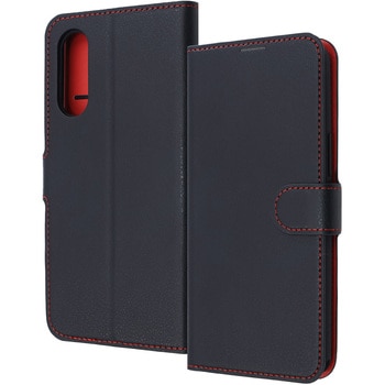 らくらくスマートフォン a / Lite Like standard 耐衝撃 ルーペ付き マグネットベルト シンプル 手帳型レザーケース / ブラック_レッド レイ・アウト
