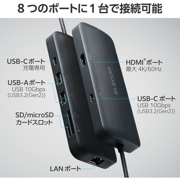 Type-C ドッキングステーション 8-in-1 ハブ PD 85W出力 USB-C×2 USB-A×2 HDMI×1 SD+microSD×1 RJ45×1 エレコム