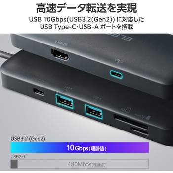 Type-C ドッキングステーション 8-in-1 ハブ PD 85W出力 USB-C×2 USB-A×2 HDMI×1 SD+microSD×1 RJ45×1 エレコム