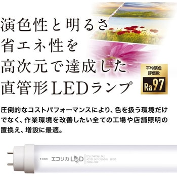 直管形LED20形/昼光色(6500K)/830lm/Ra97 消費電力：7.5W UVレスD65相当 JISクラス4対応 エコリカ