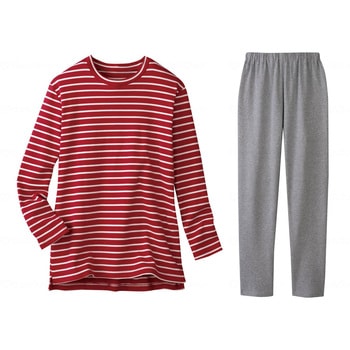 綿100%スムースボーダー柄パジャマ/ワインレッド/LL セルヴァン