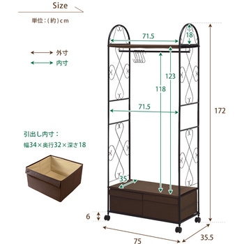 ハンガーラック(引き出し2杯) 幅 75 cm 衣類収納 省スペース コンパクト チェストハンガー 萩原
