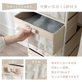 フリルハンガーラック カーテン付き 引出し5杯 ハンガーラック キャスター付き 収納家具 萩原
