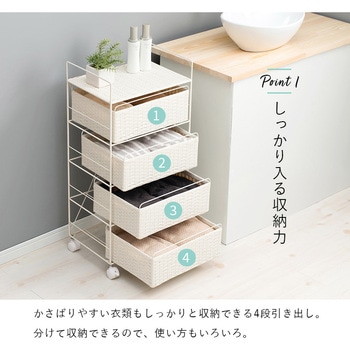 ランドリー 収納 バスケット 4段 幅 40 cm 薄型 スリム キャスター付き ラタン風 萩原