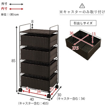 ランドリー 収納 バスケット 4段 幅 40 cm 薄型 スリム キャスター付き ラタン風 萩原