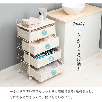 ランドリー 収納 バスケット 4段 幅 50 cm 薄型 スリム キャスター付き ラタン風 萩原