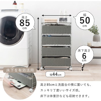 ランドリー 収納 バスケット 4段 幅 50 cm 薄型 スリム キャスター付き ラタン風 萩原