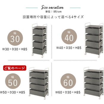 ランドリー 収納 バスケット 4段 幅 50 cm 薄型 スリム キャスター付き ラタン風 萩原