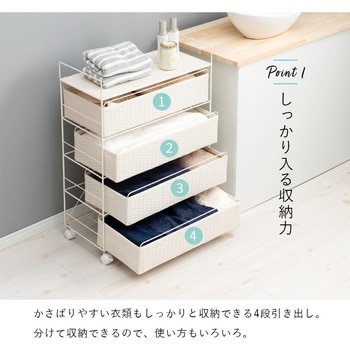 ランドリー 収納 バスケット 4段 幅 60 cm 薄型 スリム キャスター付き ラタン風 萩原