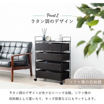 ランドリー 収納 バスケット 4段 幅 60 cm 薄型 スリム キャスター付き ラタン風 萩原