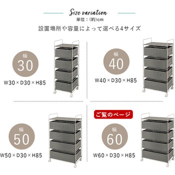 ランドリー 収納 バスケット 4段 幅 60 cm 薄型 スリム キャスター付き ラタン風 萩原