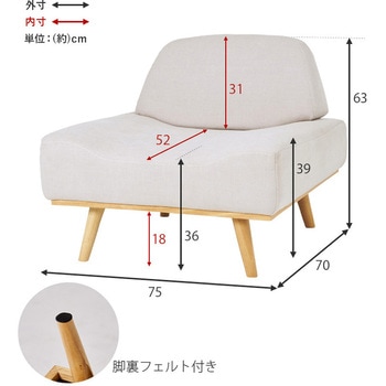 北欧風 アームレス ソファ 1P 幅 75 cm 1人掛け 萩原