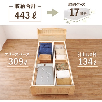 大容量 引き出し 付き シングルベッド すのこベッド 棚 宮棚付き コンセント付き 天然木 萩原