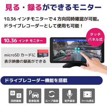 4方向監視AI検知機能 録画機能付モニターセット 12/24V車対応 10.36インチモニター 200万画素 4カメラセット ブロードウォッチ