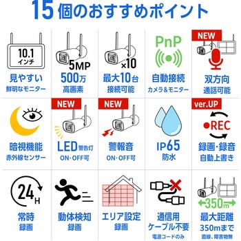 防犯カメラ 10インチモニター付き 500万画素カメラ4台セット life-158 ベストアンサー