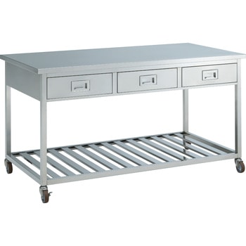 ステンレス実験台・作業台 両面 キャスタータイプ 棚付 引出し付 1500×900×800mm オカムラ(岡村製作所)