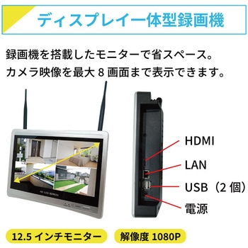 ワイヤレス300万画素(1台)カメラ・12.5インチモニター録画機(HDD1TB付)一体型防犯セット ブロードウォッチ