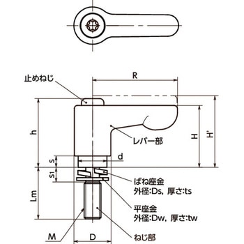 ミニクランプレバー ばね座金組み込みタイプ・フラットタイプ(おねじ) LHCM‐W NBK(鍋屋バイテック会社)