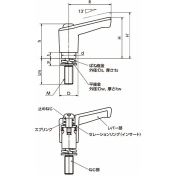 ミニプラクランプレバー ばね座金組み込みタイプ(おねじ・ステンレス製) LECMS‐W NBK(鍋屋バイテック会社)