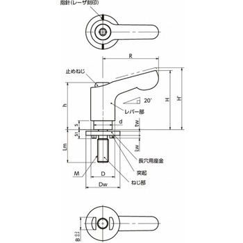 ミニクランプレバー 長穴用座金組み込みタイプ(おねじ・ステンレス製) LDCMS‐LWP NBK(鍋屋バイテック会社)