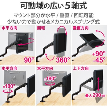 モニターアーム シングル 1画面 ロング アーム メカニカルスプリング式 グロメット式 5軸 エレコム
