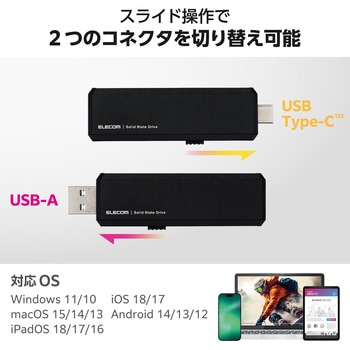 SSD 外付け USB3.2 Gen2 読込最大600MB/秒 コンパクト ポータブル スライド式 耐衝撃 Type-C/USB-A 両対応 エレコム