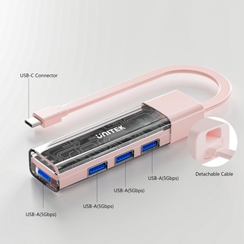 Bi-Directional Hub with Detachable Cable、Pink UNITEK
