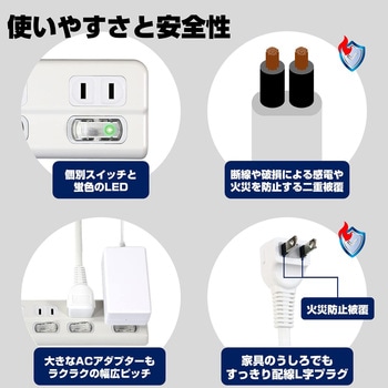 スイッチ付タップ 電源タップ 難燃性ABS樹脂 L型プラグ スイッチ付き 個別LEDスイッチランプ 上挿し ELPA