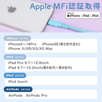 グラデーションケーブル 急速充電 データ転送対応 USB-A to Lightning 1m アクアカラー MOTTERU