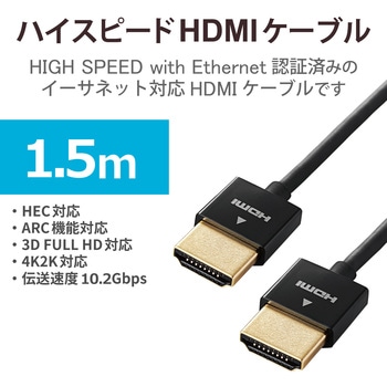 HDMIケーブル ハイスピード 4K対応 スリム 直径約3.2mm イーサネット対応 ブラック エレコム