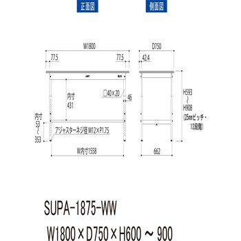 ワークテーブル150シリーズ高さ調整タイプH600～H900(基本型) 山金工業