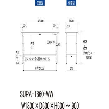 ワークテーブル150シリーズ高さ調整タイプH600～H900(基本型)