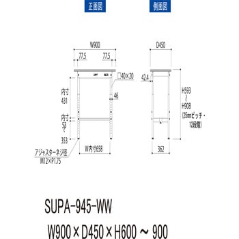 ワークテーブル150シリーズ高さ調整タイプH600～H900(基本型)