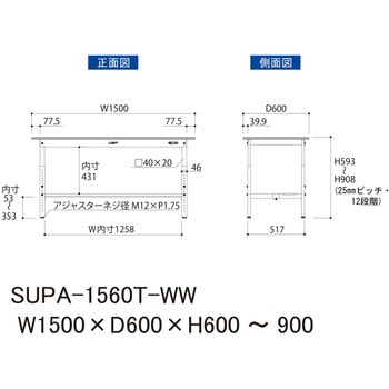 軽量作業台/耐荷重150kg_高さ調整H600～900_半面棚板付_ワークテーブル150シリーズ 山金工業