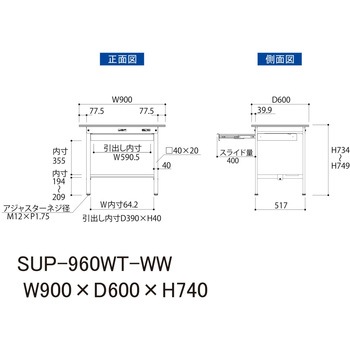 軽量作業台/耐荷重150kg_ワイド引き出し付き固定式_半面棚付_ワークテーブル150シリーズ_低圧メラミン天板 山金工業