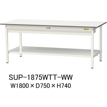 軽量作業台/耐荷重150kg_ワイド引き出し付固定式H740_全面棚板付_ワークテーブル150シリーズ - 山金工業