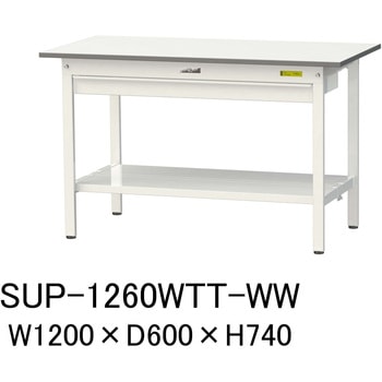 軽量作業台/耐荷重150kg_ワイド引き出し付き固定式_全面棚付_ワークテーブル150シリーズ_低圧メラミン天板 山金工業