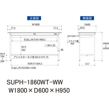 軽量作業台/耐荷重150kg_ワイド引き出し付き固定式_半面棚付_ワークテーブル150シリーズ_低圧メラミン天板 山金工業