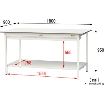 軽量作業台/耐荷重150kg_ワイド引き出し付き固定式_全面棚付_ワークテーブル150シリーズ_低圧メラミン天板 山金工業