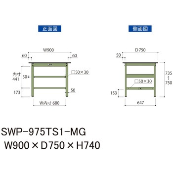 軽量作業台/耐荷重300kg_中間+足元半面棚板付_固定式H740_ポリエステル天板_ワークテーブル300シリーズ 山金工業