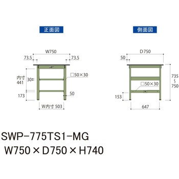 軽量作業台/耐荷重300kg_中間+足元半面棚板付_固定式H740_ポリエステル天板_ワークテーブル300シリーズ 山金工業
