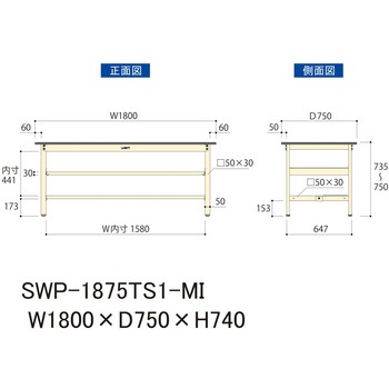 軽量作業台/耐荷重300kg_中間+足元半面棚板付_固定式H740_ポリエステル天板_ワークテーブル300シリーズ 山金工業
