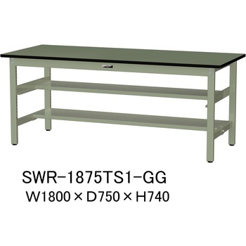 軽量作業台/耐荷重300kg_中間+足元半面棚板付_固定式H740_塩ビシート天板_ワークテーブル300シリーズ 山金工業