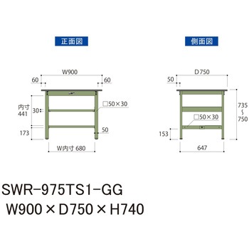 軽量作業台/耐荷重300kg_中間+足元半面棚板付_固定式H740_塩ビシート天板_ワークテーブル300シリーズ 山金工業